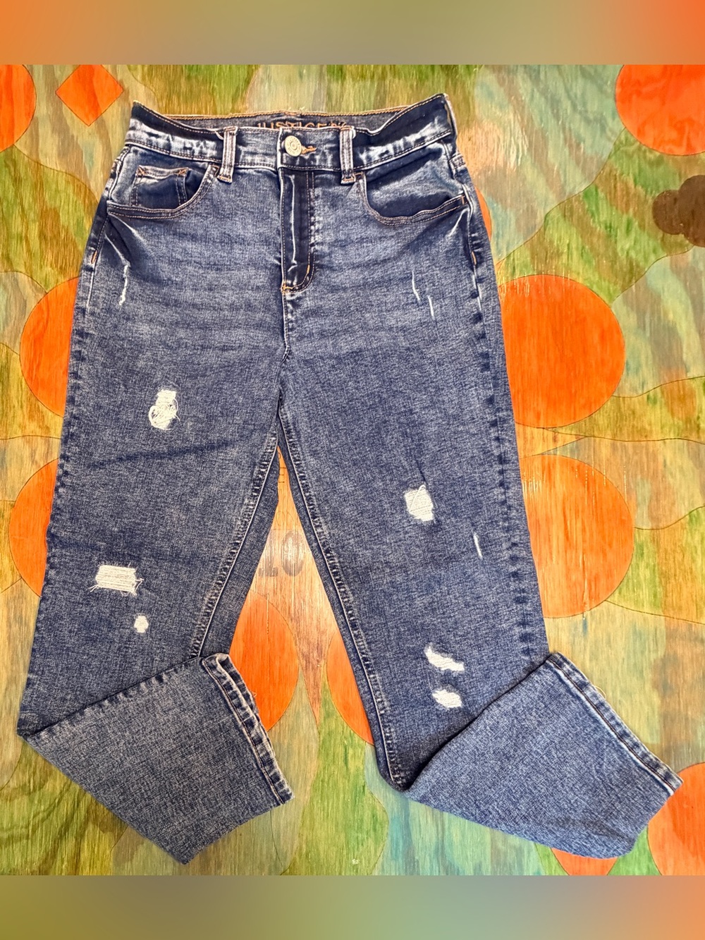 Justice Girls Jeans Size 14 Distressed Denim Blue 24 x 24 Pockets Belt Loops But